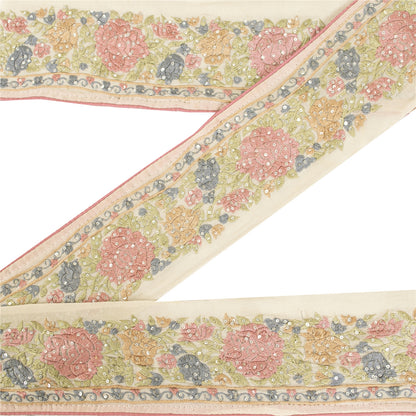 Sanskriti Vintage Sari Border Embroidered Sequins Pure Silk 1 YD Trim Ivory Lace