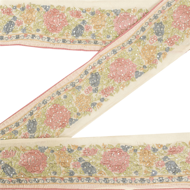 Sanskriti Vintage Sari Border Embroidered Sequins Pure Silk 1 YD Trim Ivory Lace