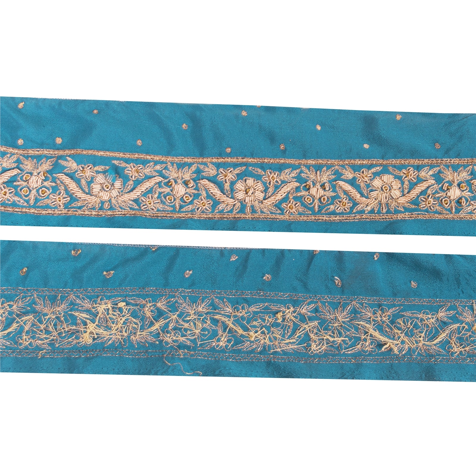 Sanskriti Vintage Sari Border Hand Beaded Zardozi 1 YD Trim Blue Pure Satin Lace