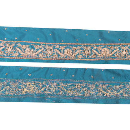 Sanskriti Vintage Sari Border Hand Beaded Zardozi 1 YD Trim Blue Pure Satin Lace
