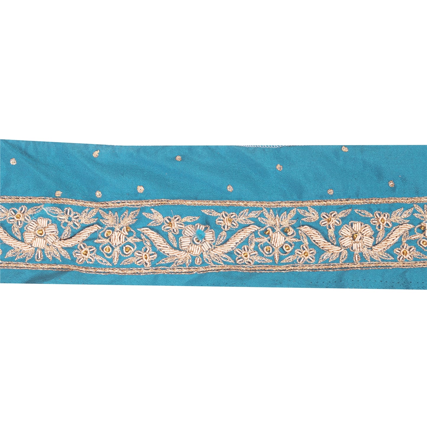 Sanskriti Vintage Sari Border Hand Beaded Zardozi 1 YD Trim Blue Pure Satin Lace