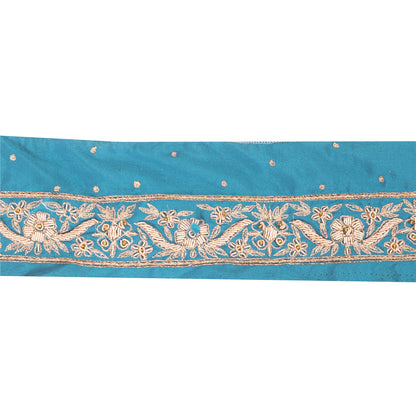Sanskriti Vintage Sari Border Hand Beaded Zardozi 1 YD Trim Blue Pure Satin Lace