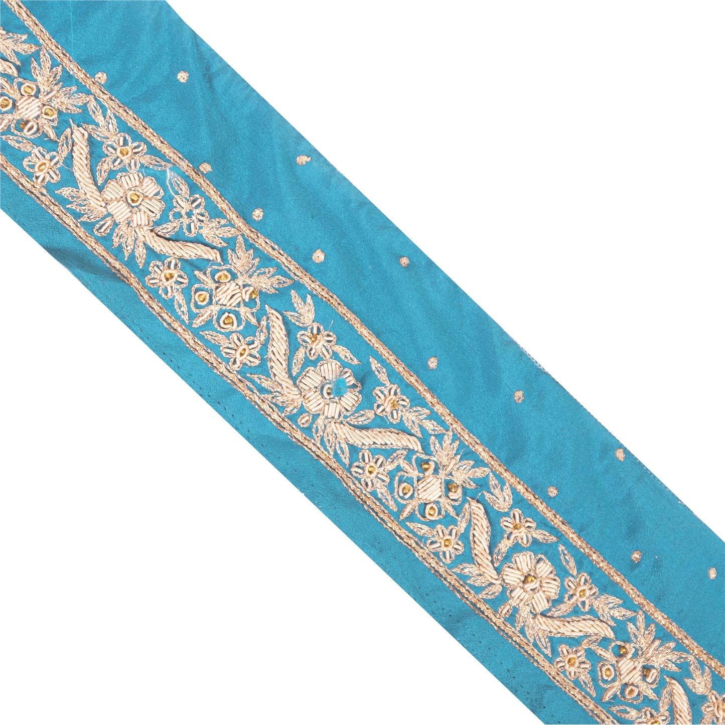 Sanskriti Vintage Sari Border Hand Beaded Zardozi 1 YD Trim Blue Pure Satin Lace