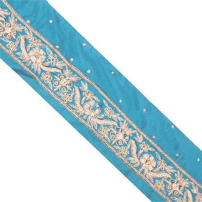 Sanskriti Vintage Sari Border Hand Beaded Zardozi 1 YD Trim Blue Pure Satin Lace