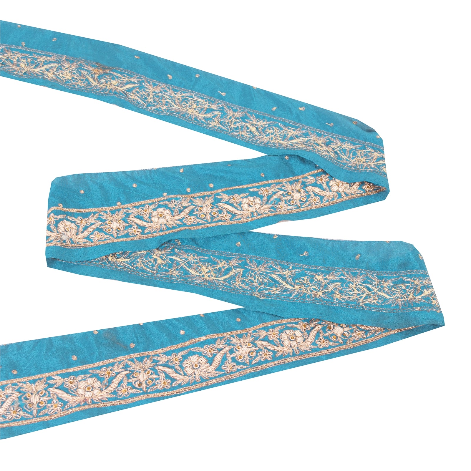 Sanskriti Vintage Sari Border Hand Beaded Zardozi 1 YD Trim Blue Pure Satin Lace