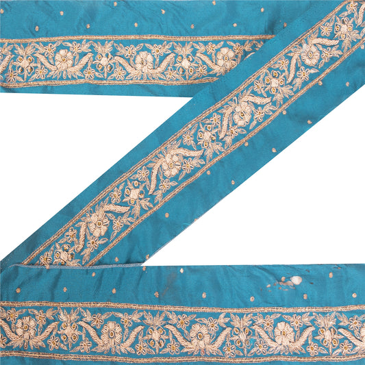 Sanskriti Vintage Sari Border Hand Beaded Zardozi 1 YD Trim Blue Pure Satin Lace