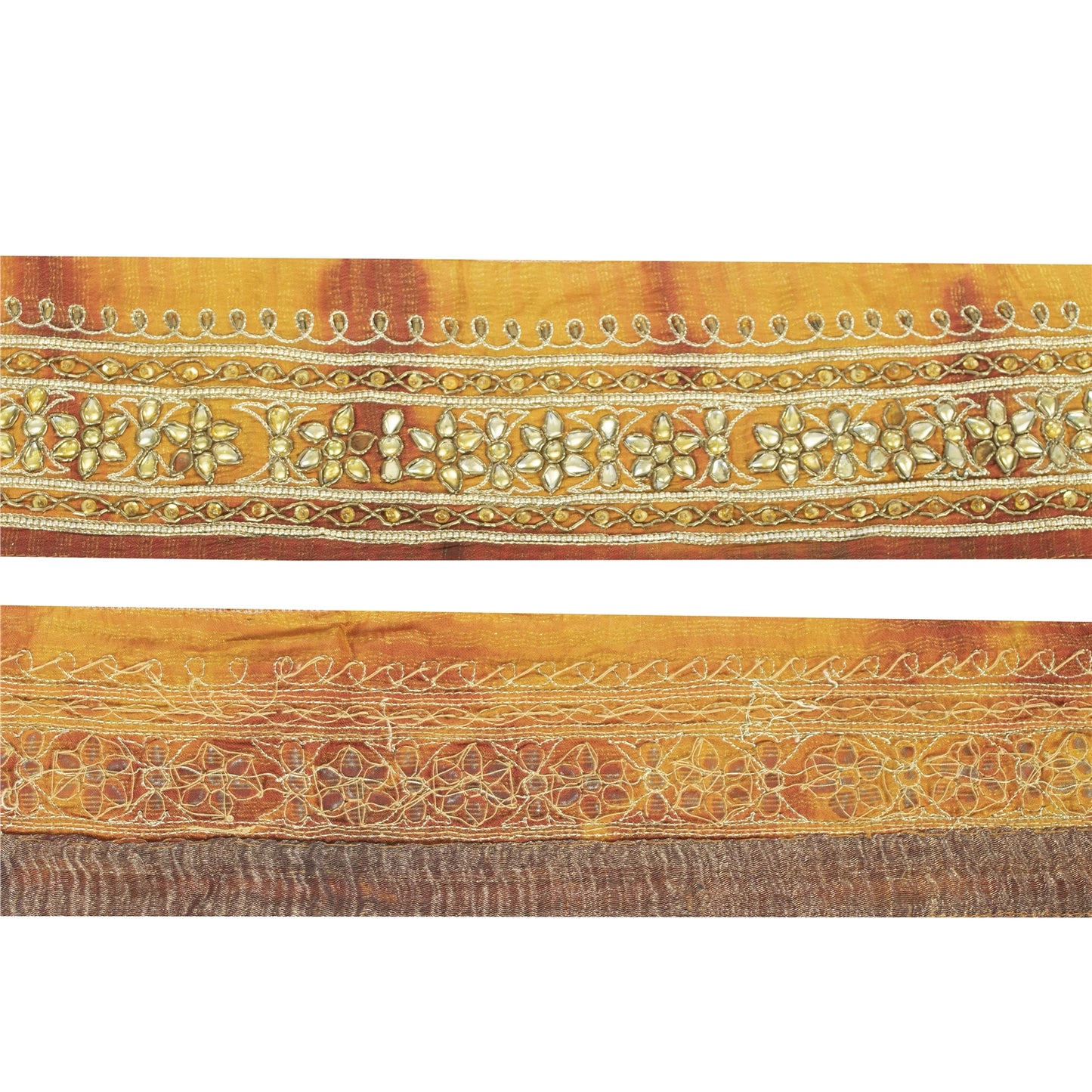 Sanskriti Vintage Sari Border Hand Beaded Zardozi 1 YD Trim Red & Yellow Lace