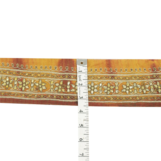 Sanskriti Vintage Saree Border Hand Beaded Zardozi 1 Yd Georgette Sarees Trim Red & Yellow 3.5 Sari Lace upholstery fabric