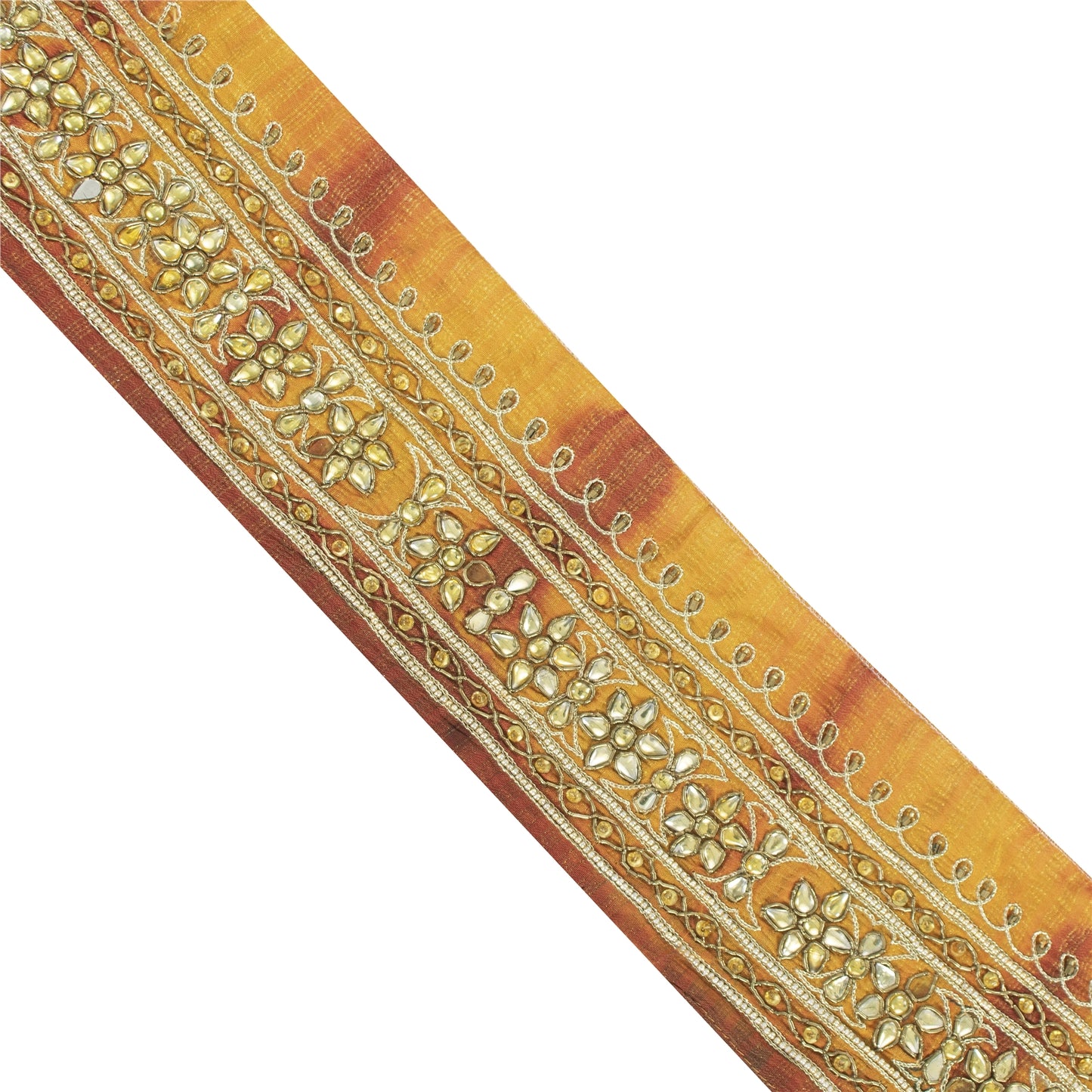 Sanskriti Vintage Sari Border Hand Beaded Zardozi 1 YD Trim Red & Yellow Lace