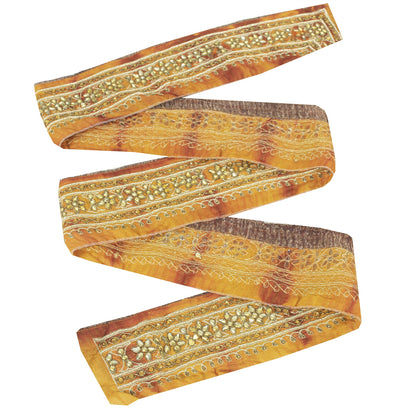 Sanskriti Vintage Sari Border Hand Beaded Zardozi 1 YD Trim Red & Yellow Lace