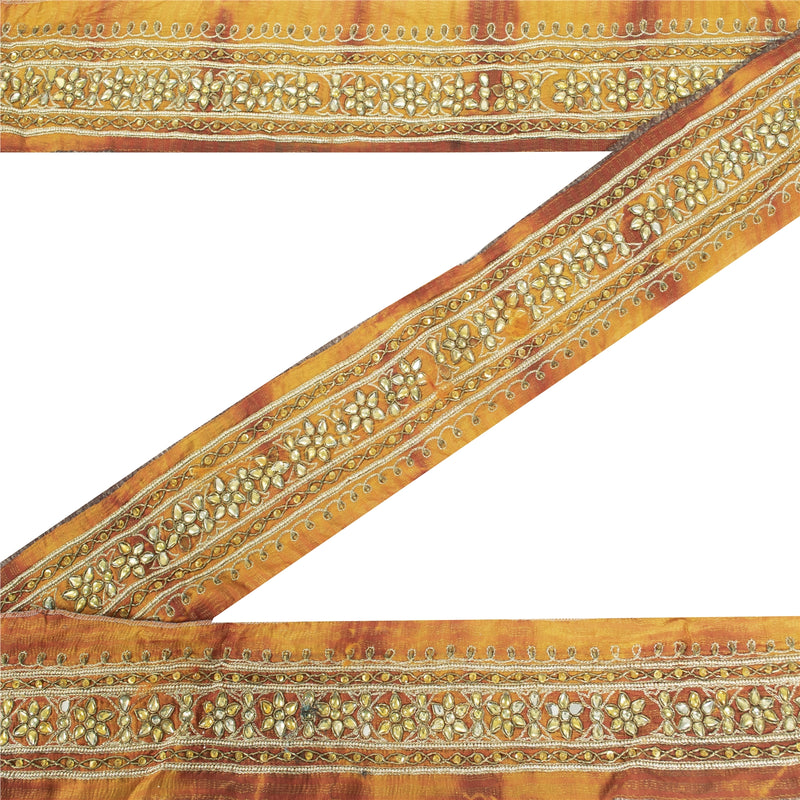 Sanskriti Vintage Saree Border Hand Beaded Zardozi 1 Yd Georgette Sarees Trim Red & Yellow 3.5 Sari Lace upholstery fabric