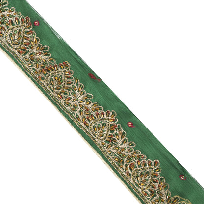 Sanskriti Vintage Sari Border Hand Beaded Zari 1 YD Trim Green Pure Silk Lace
