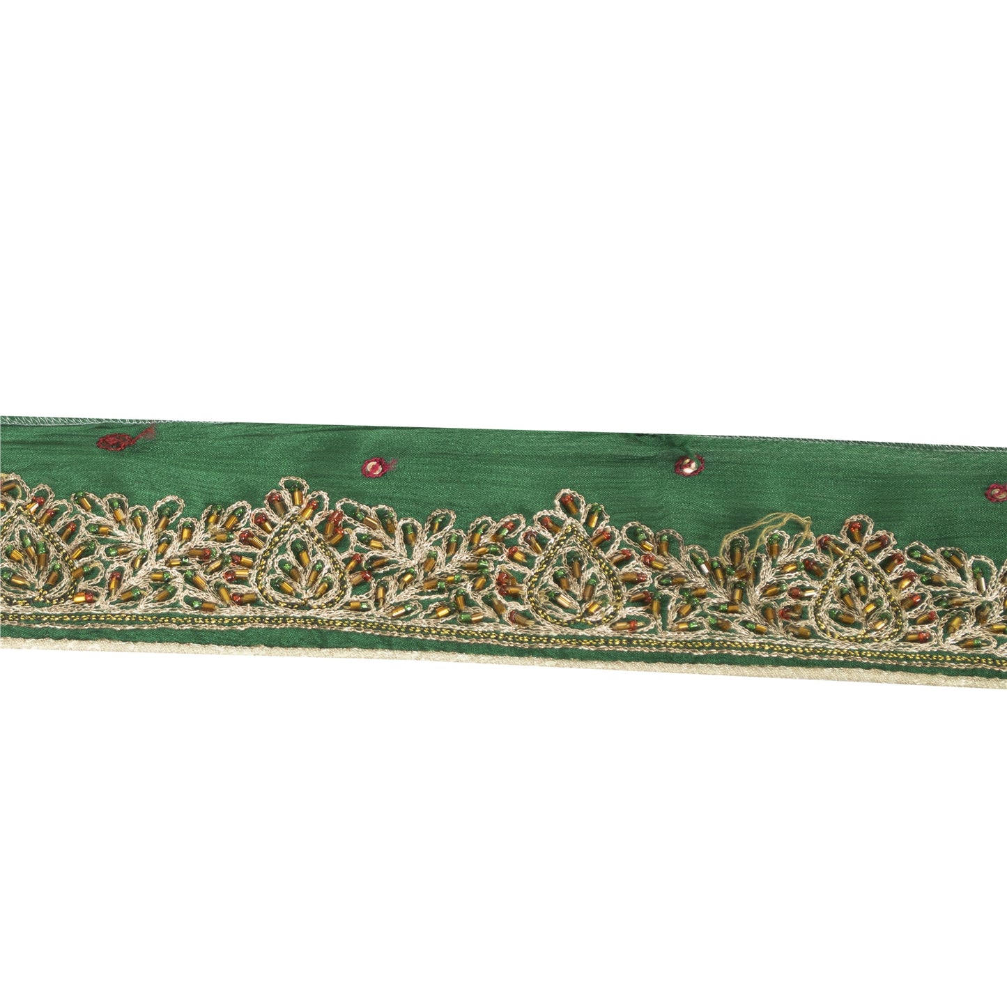 Sanskriti Vintage Sari Border Hand Beaded Zari 1 YD Trim Green Pure Silk Lace