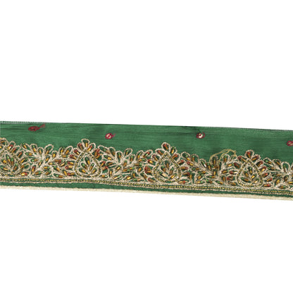 Sanskriti Vintage Sari Border Hand Beaded Zari 1 YD Trim Green Pure Silk Lace