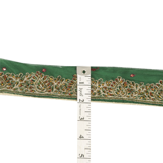 Sanskriti Vintage Sari Border Hand Beaded Zari 1 YD Trim Green Pure Silk Lace