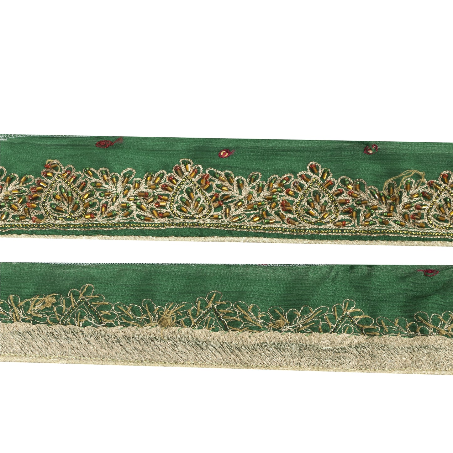 Sanskriti Vintage Sari Border Hand Beaded Zari 1 YD Trim Green Pure Silk Lace