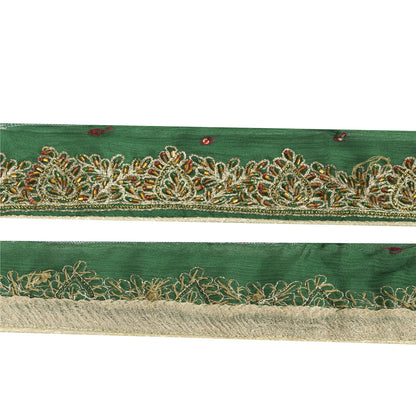 Sanskriti Vintage Sari Border Hand Beaded Zari 1 YD Trim Green Pure Silk Lace