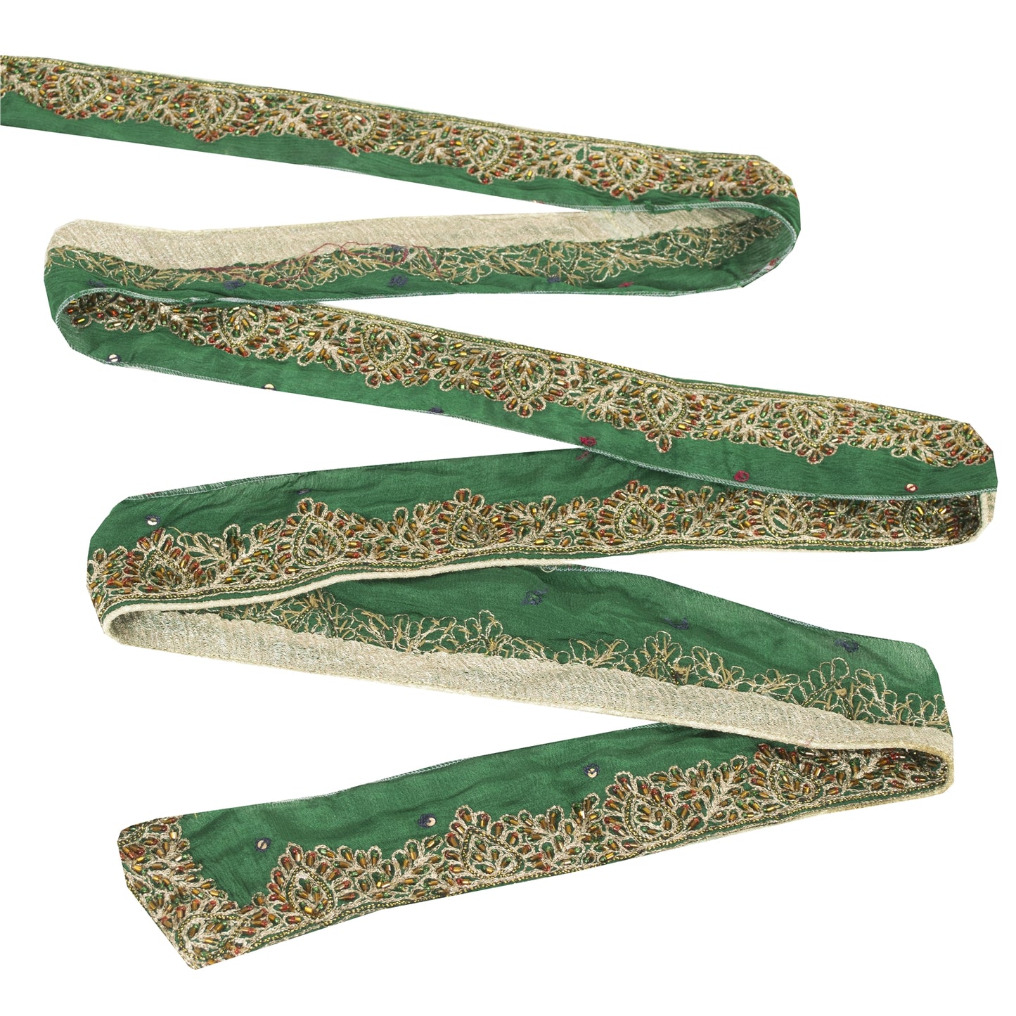 Sanskriti Vintage Sari Border Hand Beaded Zari 1 YD Trim Green Pure Silk Lace