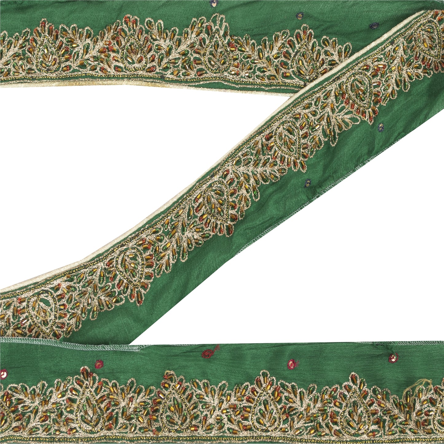 Sanskriti Vintage Sari Border Hand Beaded Zari 1 YD Trim Green Pure Silk Lace