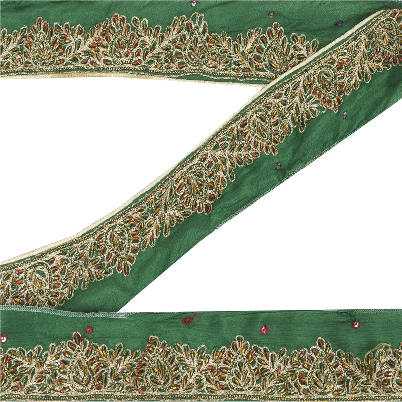Sanskriti Vintage Sari Border Hand Beaded Zari 1 YD Trim Green Pure Silk Lace