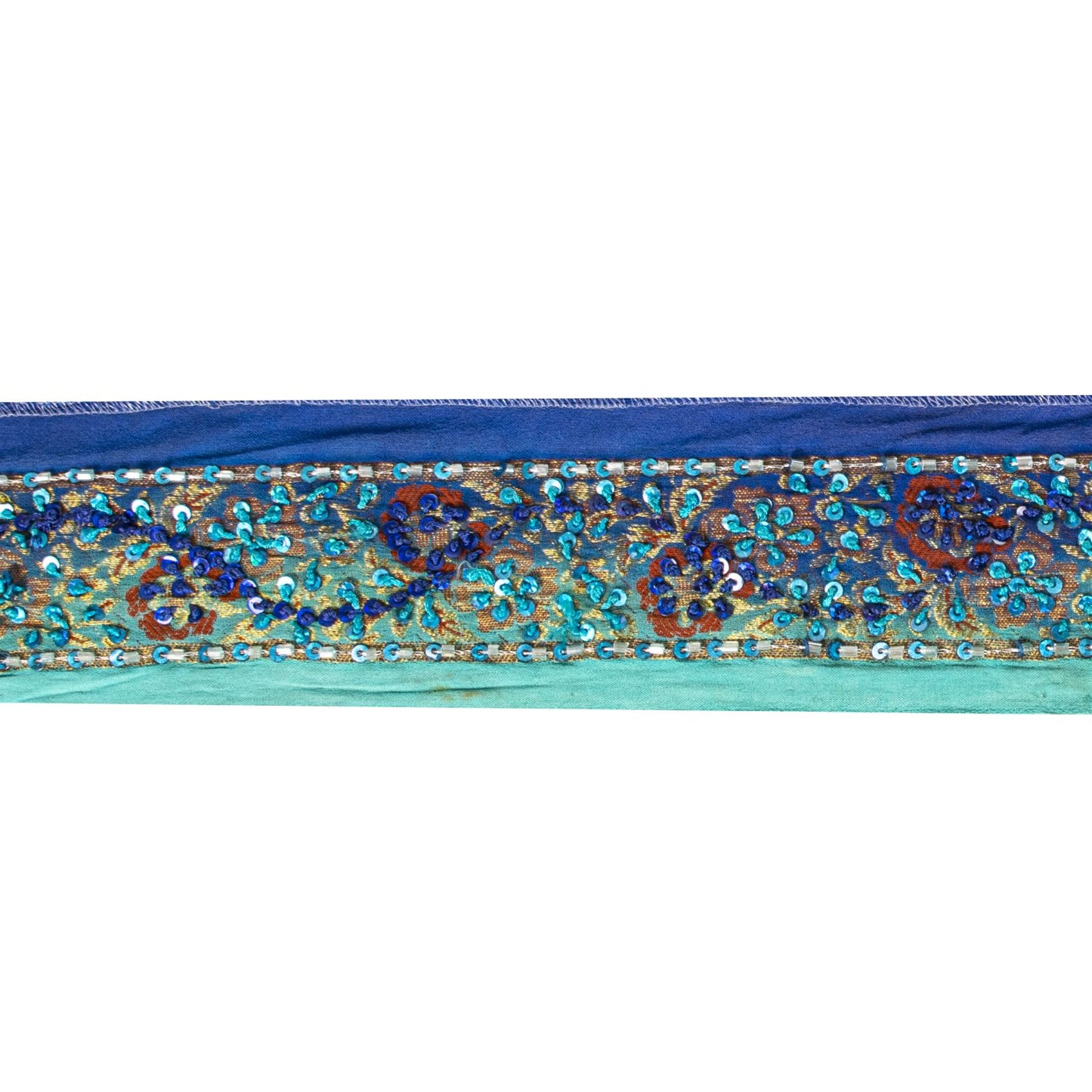 Sanskriti Vintage 1 Yard 2.2"W Sari Border Blue Pure Silk Hand Embroidered Lace