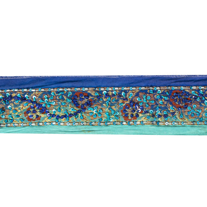Sanskriti Vintage 1 Yard 2.2"W Sari Border Blue Pure Silk Hand Embroidered Lace