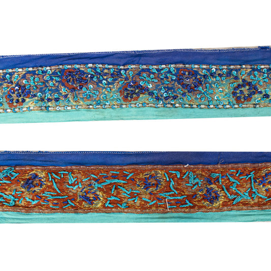 Sanskriti Vintage 1 Yard 2.2"W Sari Border Blue Pure Silk Hand Embroidered Lace
