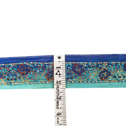 Sanskriti Vintage 1 Yard 2.2"W Sari Border Blue Pure Silk Hand Embroidered Lace