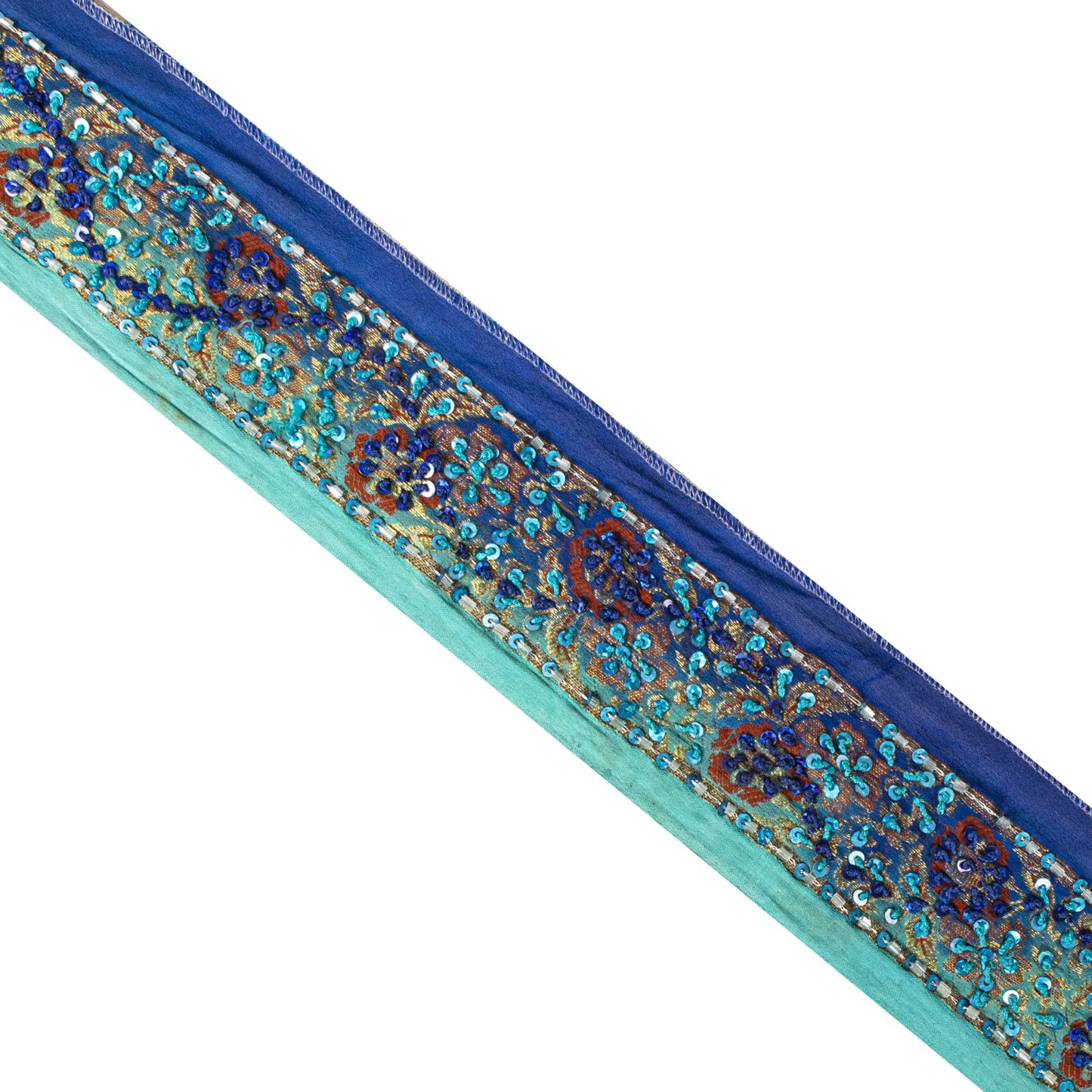Sanskriti Vintage 1 Yard 2.2"W Sari Border Blue Pure Silk Hand Embroidered Lace