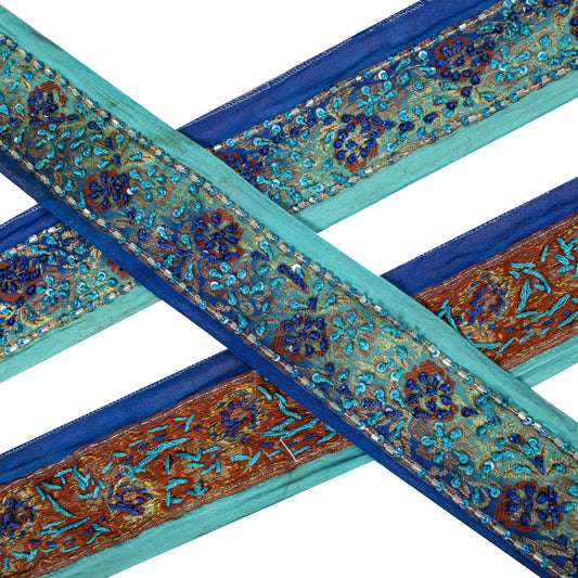 Sanskriti Vintage 1 Yard 2.2"W Sari Border Blue Pure Silk Hand Embroidered Lace