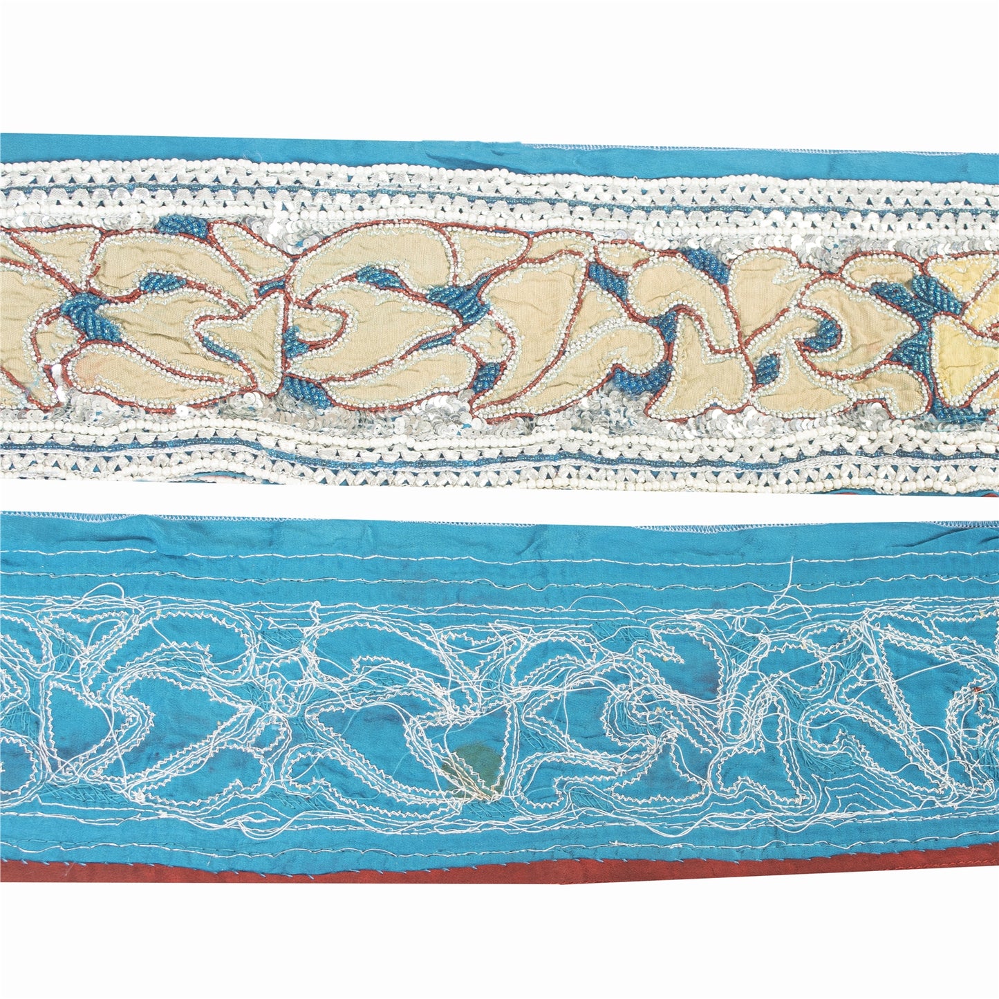 Sanskriti Vintage Blue Beaded Saree Border Trim 1YD Craft Lace 5.2"W Crepe Silk