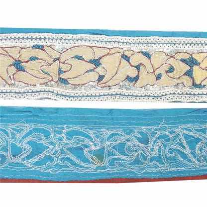 Sanskriti Vintage Blue Beaded Saree Border Trim 1YD Craft Lace 5.2"W Crepe Silk