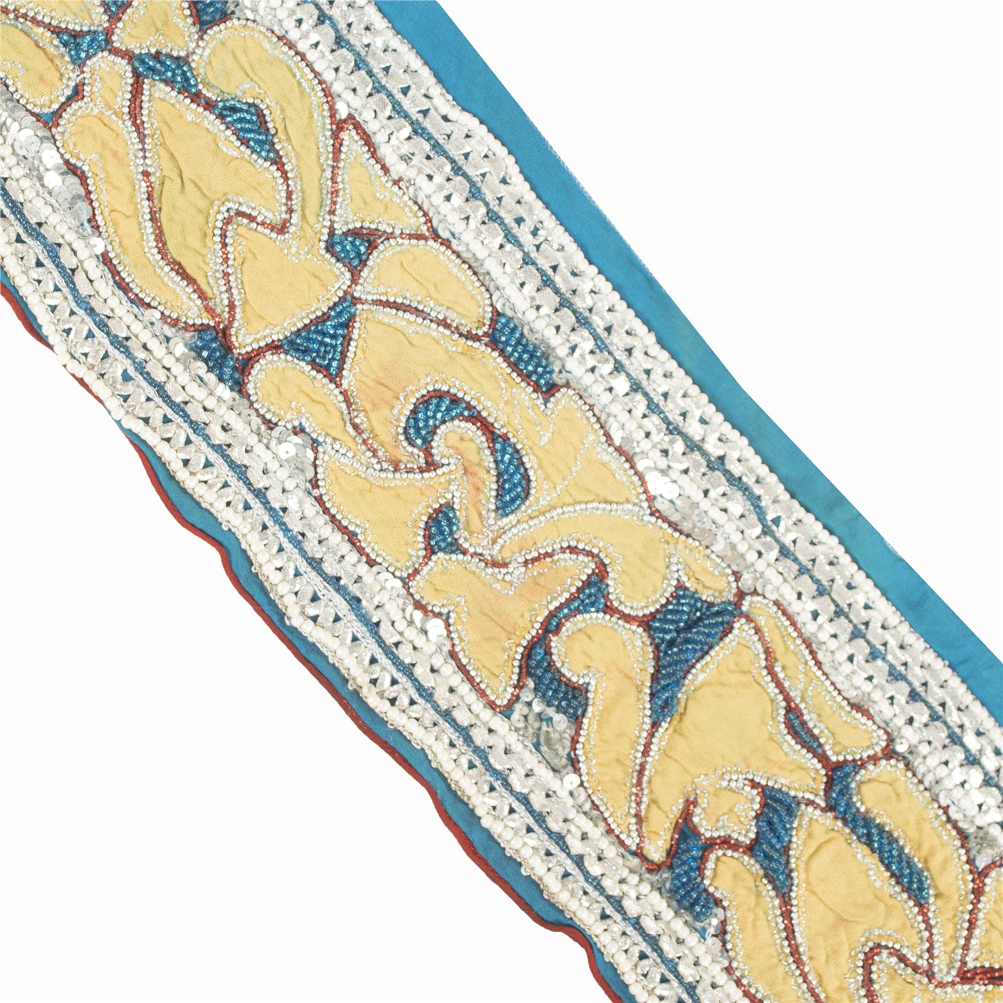 Sanskriti Vintage Blue Beaded Saree Border Trim 1YD Craft Lace 5.2"W Crepe Silk