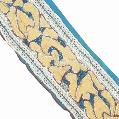 Sanskriti Vintage Blue Beaded Saree Border Trim 1YD Craft Lace 5.2"W Crepe Silk