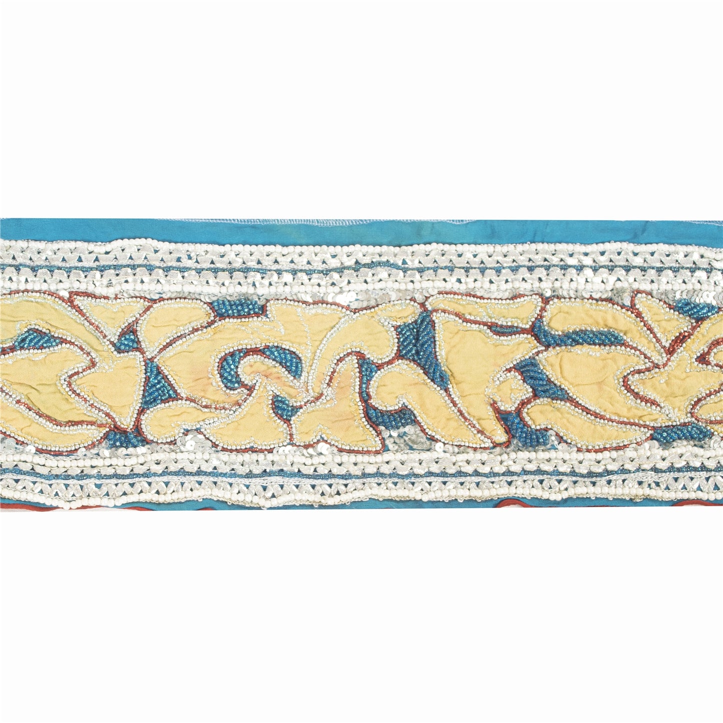 Sanskriti Vintage Blue Beaded Saree Border Trim 1YD Craft Lace 5.2"W Crepe Silk