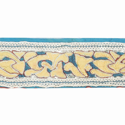 Sanskriti Vintage Blue Beaded Saree Border Trim 1YD Craft Lace 5.2"W Crepe Silk