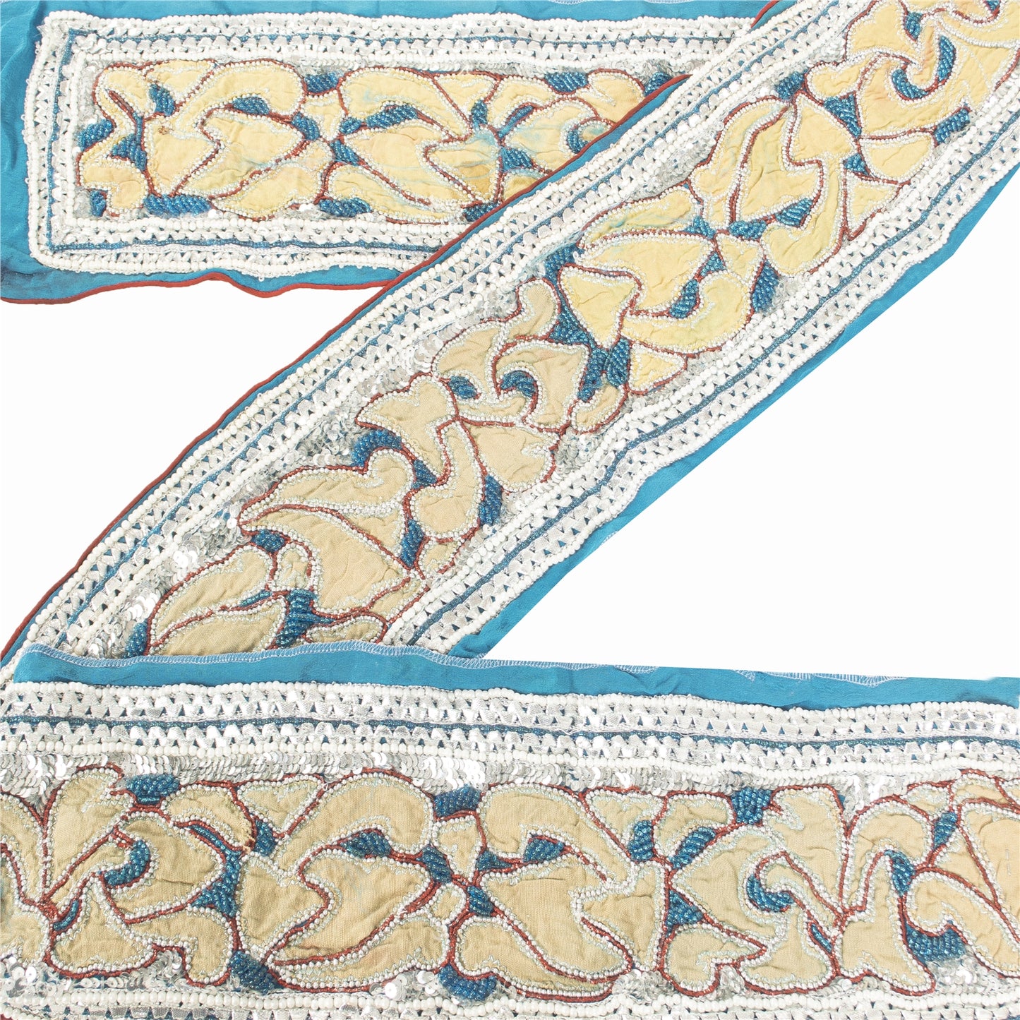 Sanskriti Vintage Blue Beaded Saree Border Trim 1YD Craft Lace 5.2"W Crepe Silk