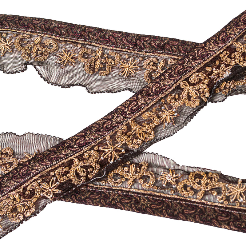 Sanskriti Vintage Craft Trims 1YD Saree Border Brown Hand Beaded Zardozi Lace