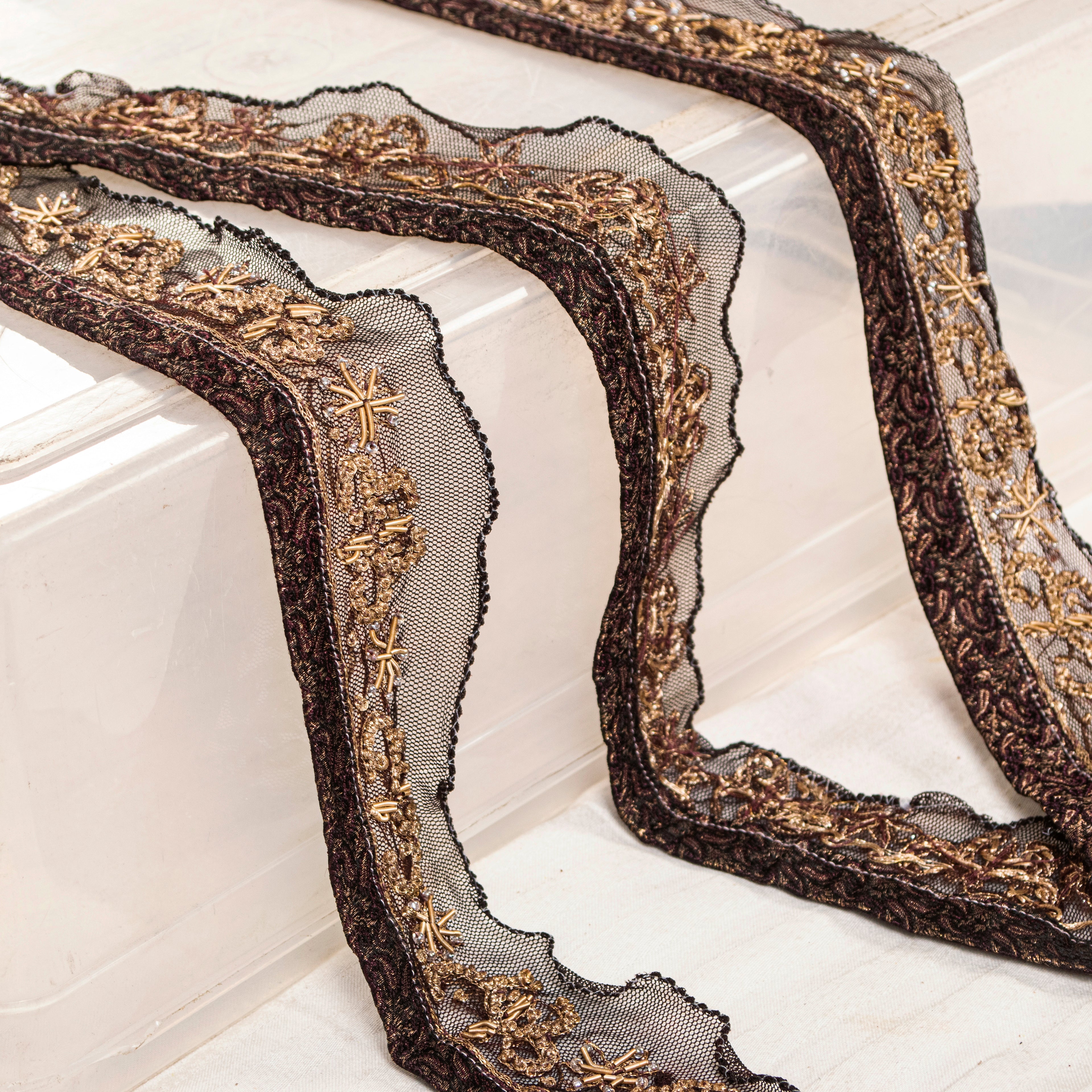 Sanskriti Vintage Craft Trims 1YD Saree Border Brown Hand Beaded Zardozi Lace