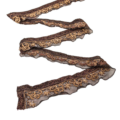 Sanskriti Vintage Craft Trims 1YD Saree Border Brown Hand Beaded Zardozi Lace