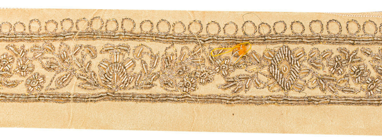 Sanskriti Vintage Craft Trims 1YD Saree Border Cream Hand EmbroideryZardozi Lace