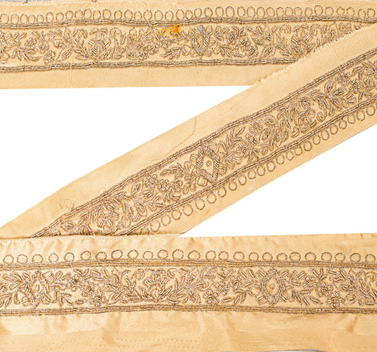 Sanskriti Vintage Craft Trims 1YD Saree Border Cream Hand EmbroideryZardozi Lace