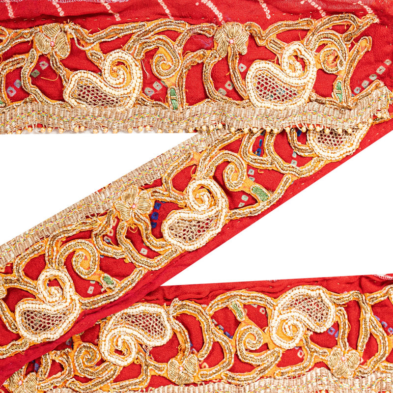 Sanskriti Vintage Red Embroidered Saree Border Trim 1YD Craft Lace 2.7"W Silk
