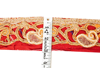 Sanskriti Vintage Red Embroidered Saree Border Trim 1YD Craft Lace 2.7"W Silk