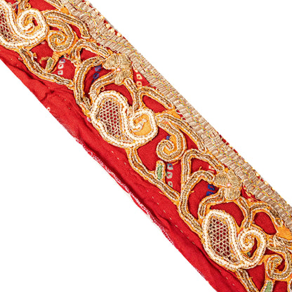 Sanskriti Vintage Red Embroidered Saree Border Trim 1YD Craft Lace 2.7"W Silk