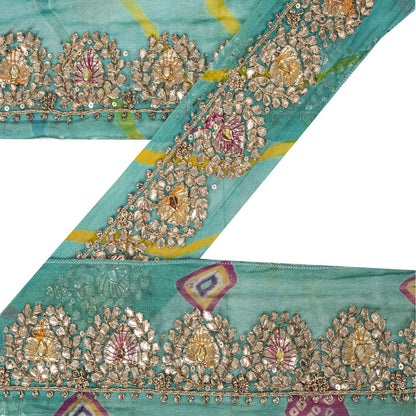 Sanskriti Vintage Blue Pure Georgette 1 YD Sari Border Hand Made Gota Patti Trim