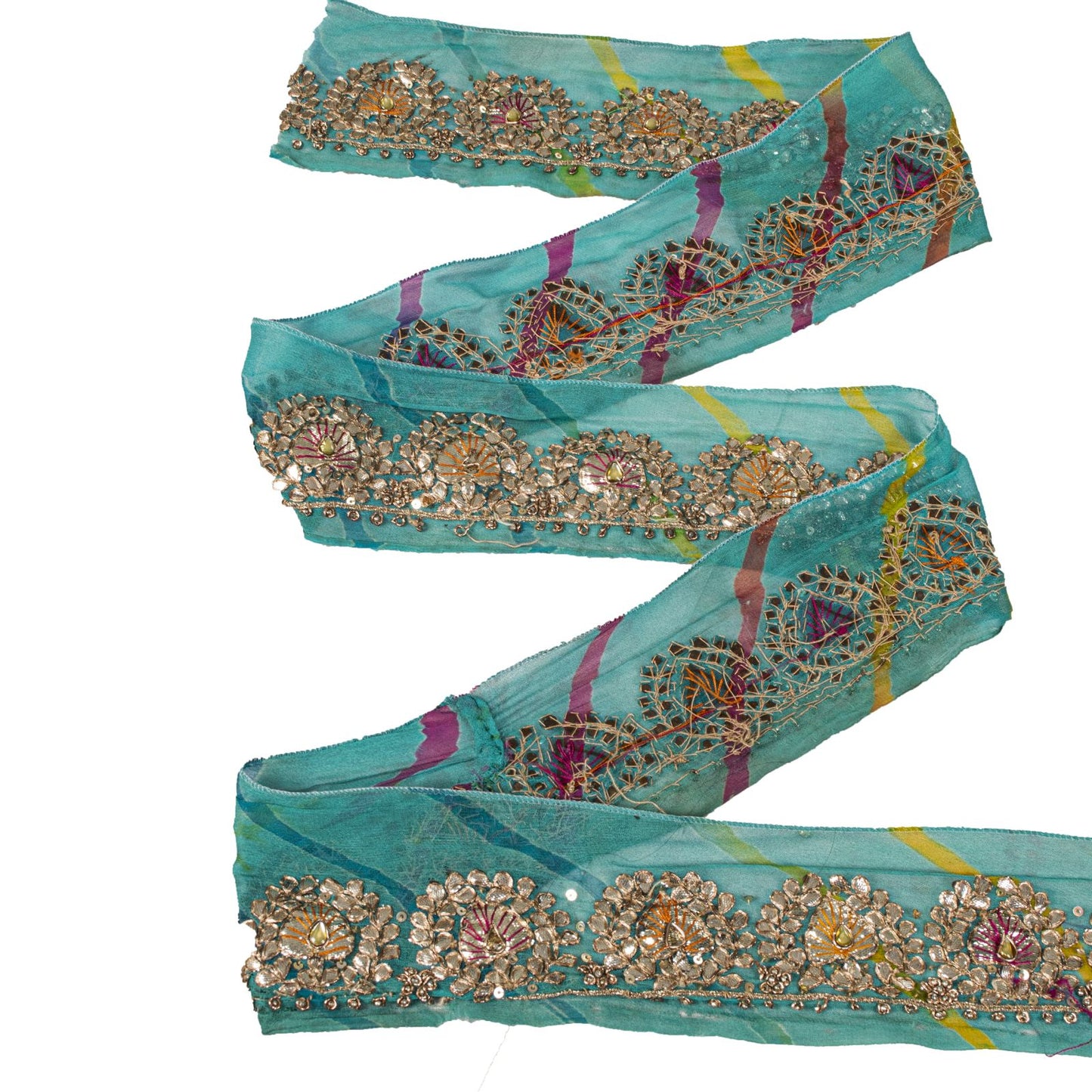 Sanskriti Vintage Blue Pure Georgette 1 YD Sari Border Hand Made Gota Patti Trim
