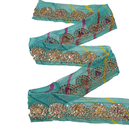 Sanskriti Vintage Blue Pure Georgette 1 YD Sari Border Hand Made Gota Patti Trim
