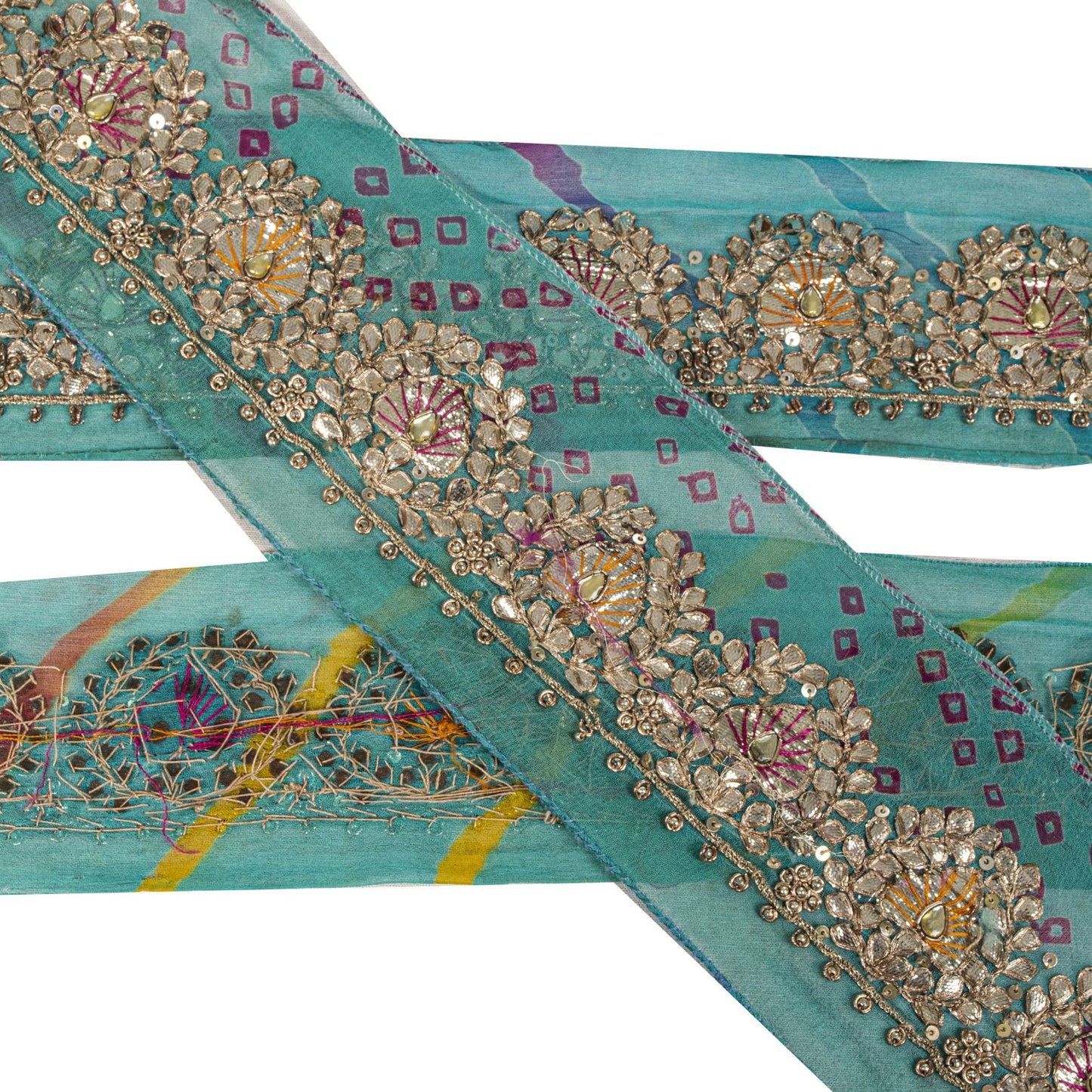 Sanskriti Vintage Blue Pure Georgette 1 YD Sari Border Hand Made Gota Patti Trim