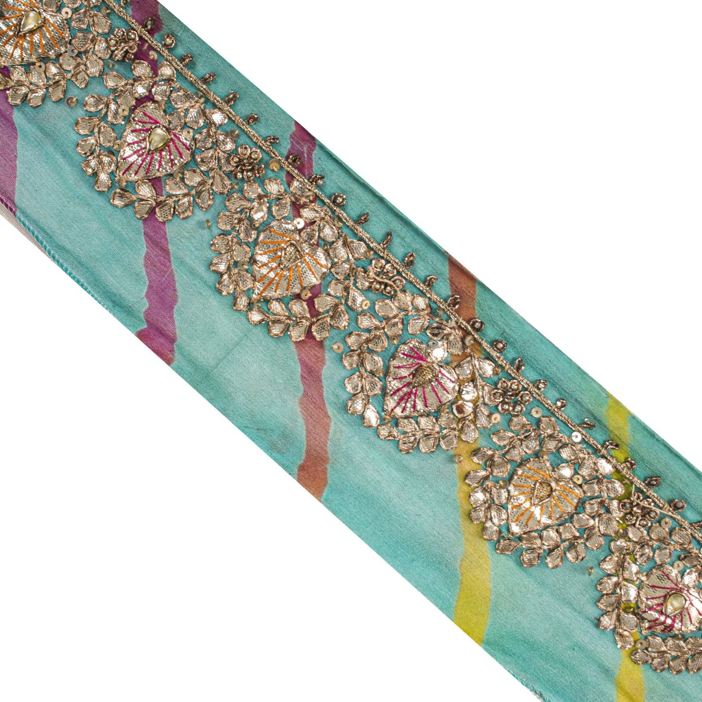 Sanskriti Vintage Blue Pure Georgette 1 YD Sari Border Hand Made Gota Patti Trim